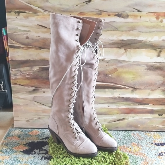 JEFFREY CAMPBELL FREE PEOPLE Over The Knee OTK JOE Grey Lace Up Heels Boots 8.5 - Picture 3 of 16